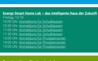 Screenshot der Scienceweek mit grünem Balken mit Werbung für das Energy Smart Home Lab